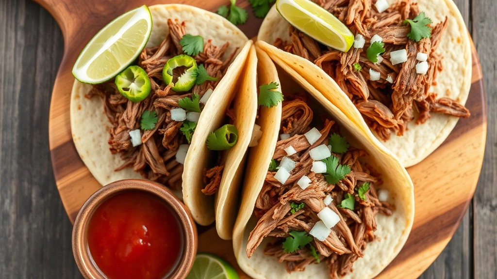 Overhead shot of authentic carnitas tacos with finely shredded pork, fresh cilantro, diced white onion, and lime wedge on rustic wooden board with salsa roja in small ceramic bowl