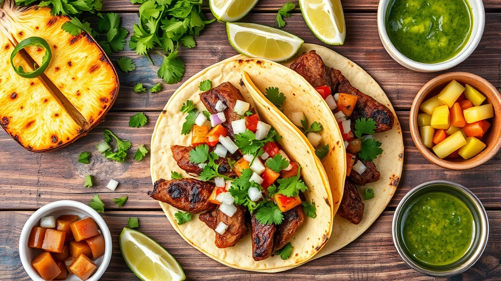 Vibrant flat lay of taco components including grilled al pastor meat with pineapple, fresh cilantro, diced onions, lime wedges, and bowls of salsa verde and pickled vegetables on weathered wooden surface