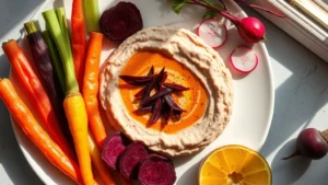 Overhead flat-lay of Bodhi Kosher's charred beet hummus with vibrant rainbow carrot sticks, celery root batons, and heirloom radishes arranged artistically on a white ceramic plate, natural window lighting casting soft shadows, close-up detail showing the creamy hummus texture with roasted beet shards glistening