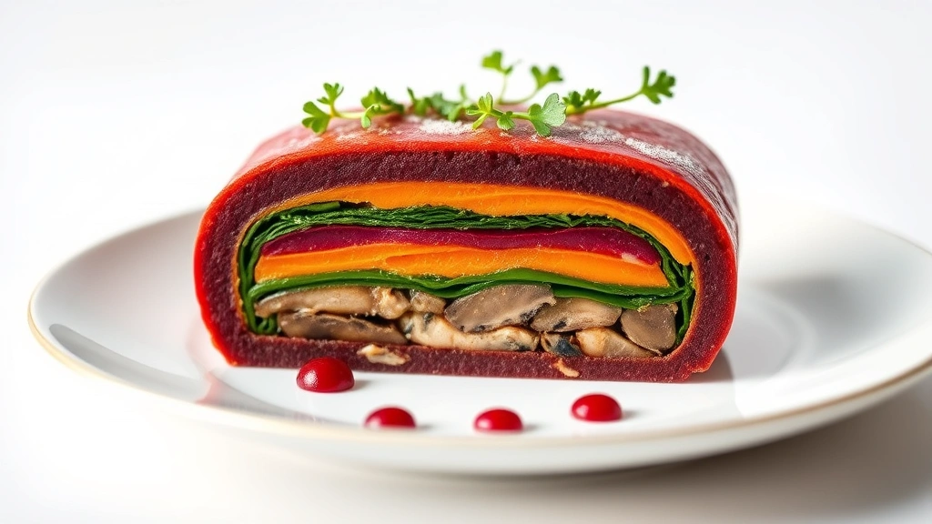 Elegant layered vegetable terrine cross-section showing distinct color stratification of beet red, carrot orange, spinach green, and mushroom brown layers bound together, plated with microgreens and beet reduction dots, soft studio lighting highlighting the aspic's delicate translucence