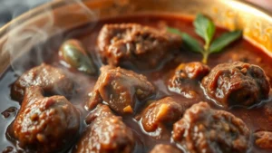 Close-up of steaming lamb rogan josh curry with tender meat pieces in rich burgundy sauce, cardamom pods and bay leaves visible, served in traditional copper bowl with aromatic steam rising