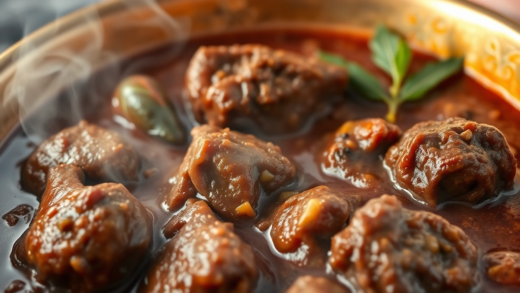Close-up of steaming lamb rogan josh curry with tender meat pieces in rich burgundy sauce, cardamom pods and bay leaves visible, served in traditional copper bowl with aromatic steam rising