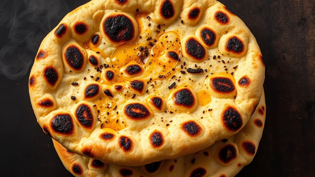Overhead flat lay of golden tandoori naan with leopard-spotted char marks fresh from tandoor, brushed with ghee, stacked with visible steam and warmth