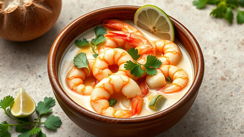 Vibrant prawn coconut curry with succulent pink prawns in creamy white sauce, curry leaves garnish, served in ceramic bowl with fresh cilantro and lime wedge