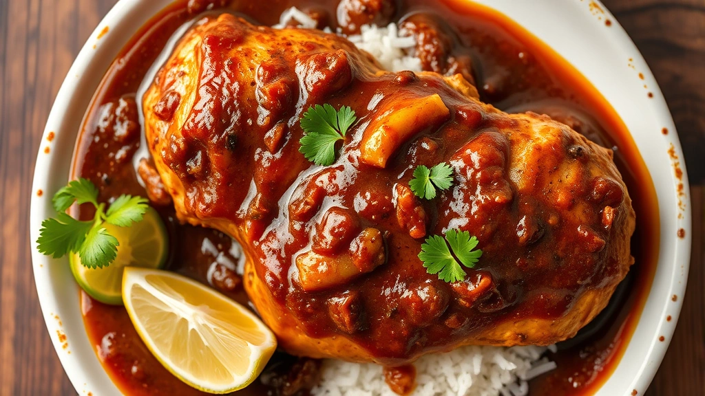 Overhead view of vibrant Mexican mole sauce coating tender chicken, dark brown with visible spices, served on white ceramic plate with cilantro garnish and lime wedge, warm lighting