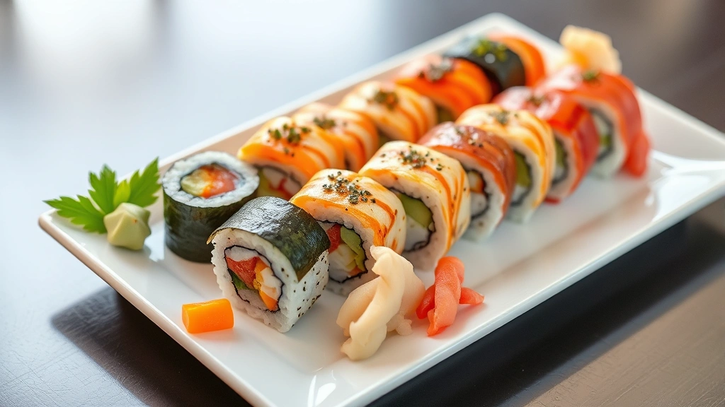 Fresh sushi rolls arranged artfully on rectangular white plate, showing colorful ingredients, fresh wasabi, pickled ginger, and soy sauce in small ceramic dish, soft natural lighting