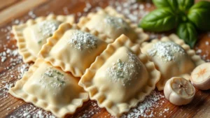 Close-up of fresh homemade ravioli with ricotta and herb filling, dusted with flour, arranged on wooden surface with fresh basil leaves and whole garlic cloves nearby, natural daylight illumination