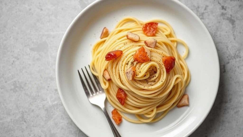 Overhead shot of elegant plated spaghetti carbonara with crispy guanciale pieces, creamy sauce, fresh cracked pepper, served on white ceramic plate with fork, minimalist presentation