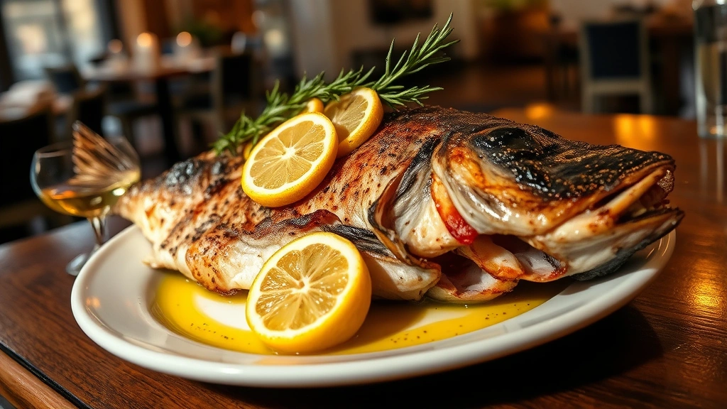 Whole roasted branzino fish with crispy skin, garnished with fresh lemon slices and rosemary sprigs, steam rising, served on rustic white plate with olive oil drizzle, warm restaurant lighting