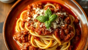 Overhead shot of fresh tagliatelle pasta coated in rich Bolognese ragù with grated Parmigiano-Reggiano and fresh basil on rustic ceramic plate, warm restaurant lighting, shallow depth of field focusing on sauce texture