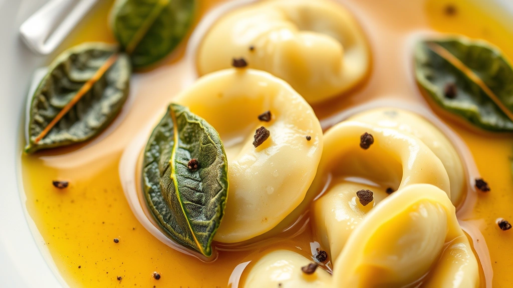 Close-up of golden brown butter sauce with crispy sage leaves pooling around delicate handmade tortellini on white porcelain, steam rising, garnished with black pepper, professional food photography styling