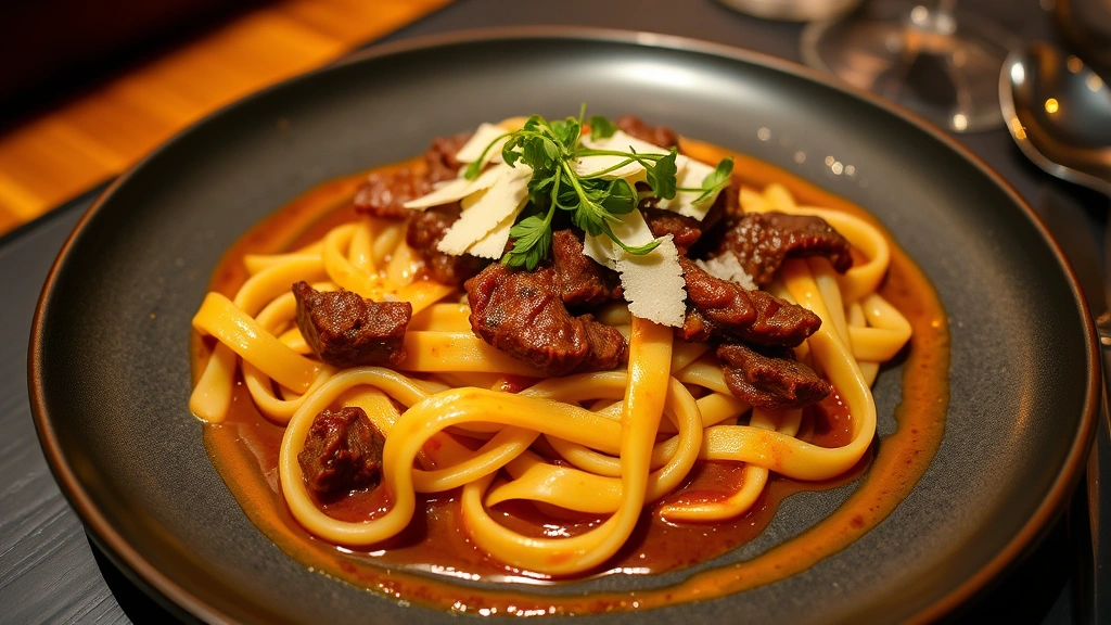 Plated wild boar pappardelle with wide ribbon pasta strands glistening with earthy sauce, topped with shaved cheese and microgreens, elegant restaurant presentation on dark plate with sauce swipes, warm ambient lighting