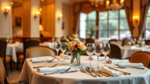 Elegant fine dining table setting with soft amber lighting, white linens, fresh flowers, and place settings with multiple forks and spoons arranged artfully, warm bistro atmosphere