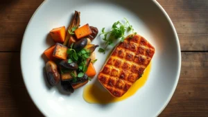 Overhead shot of an artfully plated farm-to-table dinner featuring roasted vegetables, microgreens, and a perfectly seared piece of protein on white ceramic, natural window light, rustic wooden table surface