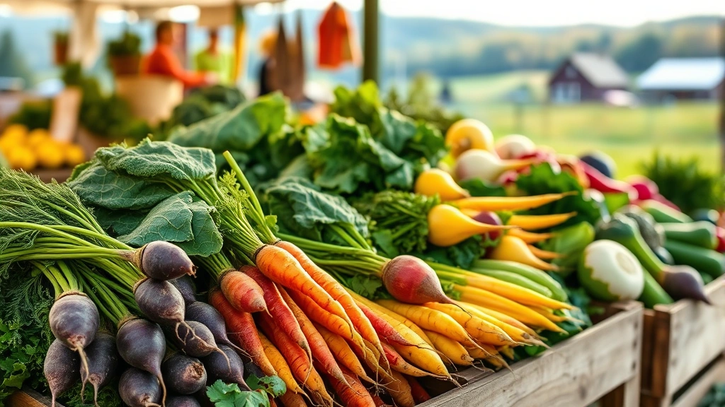 Vibrant farmers market scene with colorful heirloom vegetables—purple carrots, golden beets, leafy greens—stacked in wooden crates, Vermont countryside visible in soft-focus background, morning light
