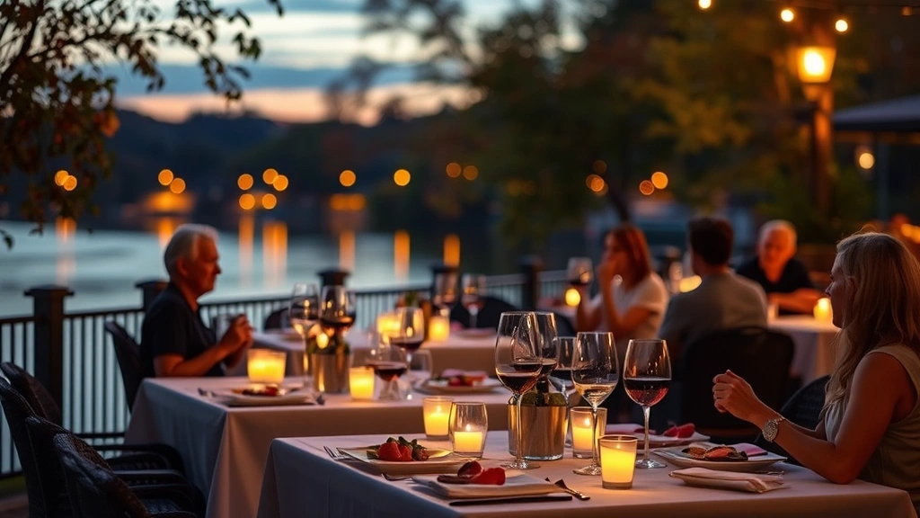 Riverside outdoor dining patio at dusk with candlelit tables, wine glasses catching warm light, blurred river and trees in background, diners enjoying meal together, autumn foliage visible