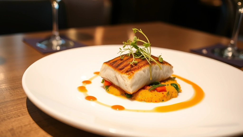 Elegant plated fine dining dish with seared fish fillet, microgreens, colorful vegetable puree, artistic sauce drizzle, white plate, professional culinary presentation, soft studio lighting, gourmet restaurant setting