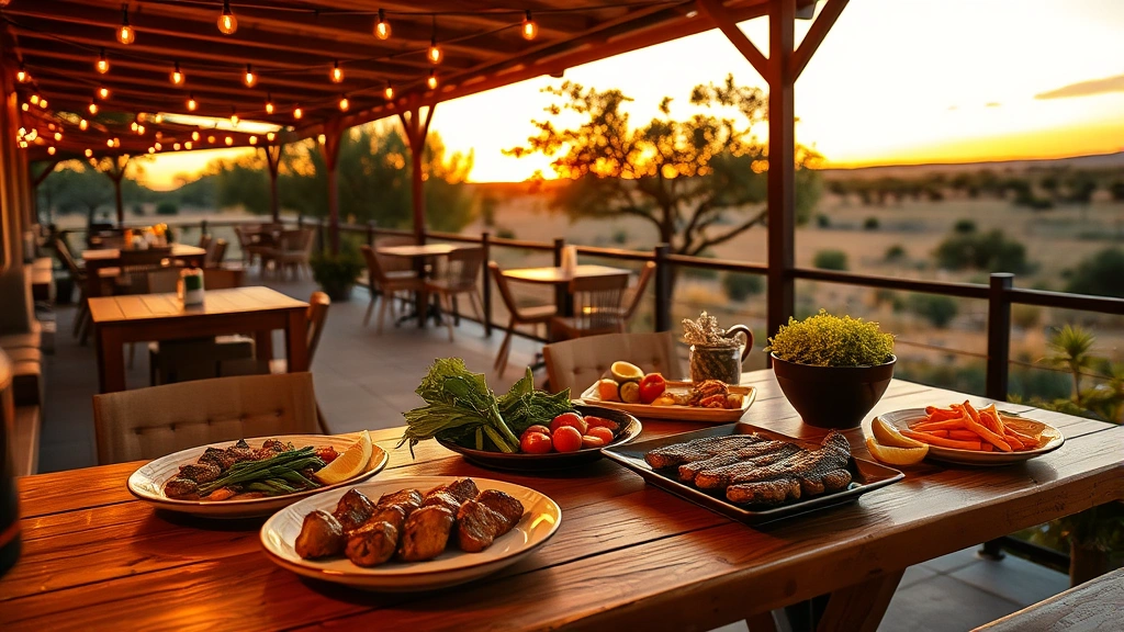 Rustic outdoor patio dining scene at sunset with wooden tables, grilled proteins and fresh vegetables, ambient string lights overhead, Texas landscape background, warm golden hour lighting, inviting atmosphere