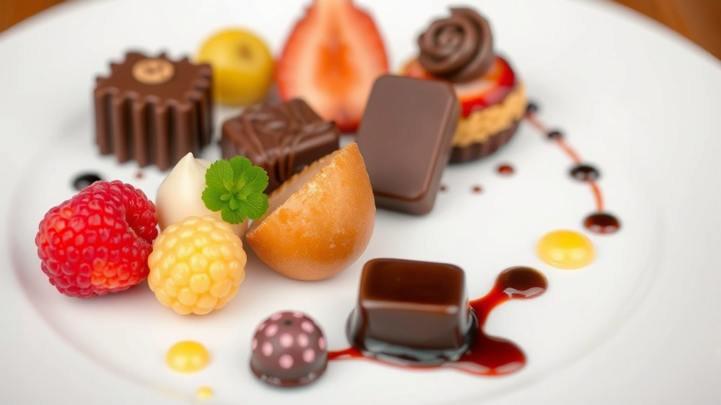 Beautifully composed dessert plate featuring chocolate elements, fresh fruit, pastry components, and artistic plating on a sophisticated white plate with fine dining presentation