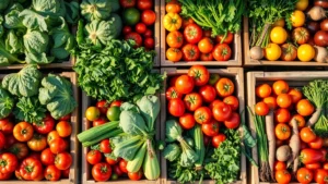 Overhead shot of vibrant fresh produce at a farmers market—colorful heirloom tomatoes, leafy greens, root vegetables, and herbs arranged artfully on wooden crates with morning sunlight, photorealistic, no text or labels visible