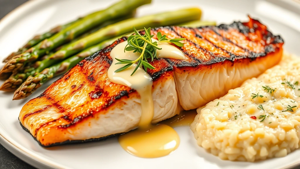 Perfectly grilled Atlantic salmon fillet with crispy skin glistening under warm lighting, accompanied by lemon beurre blanc sauce drizzle and microgreens, plated on white ceramic with roasted asparagus and creamy risotto beside it