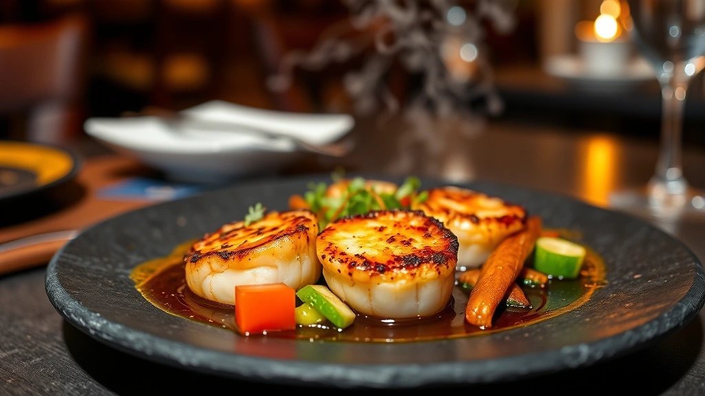 Artfully plated pan-seared scallops with golden crusts surrounded by vibrant vegetables, herb oil accent, and reduction sauce on dark slate plate, steam rising, fine dining restaurant setting with blurred warm lighting background