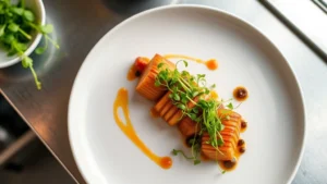 Overhead shot of artfully plated contemporary American dish with vibrant microgreens, sauce swirl, and herb garnish on white ceramic plate, soft natural light, restaurant kitchen setting