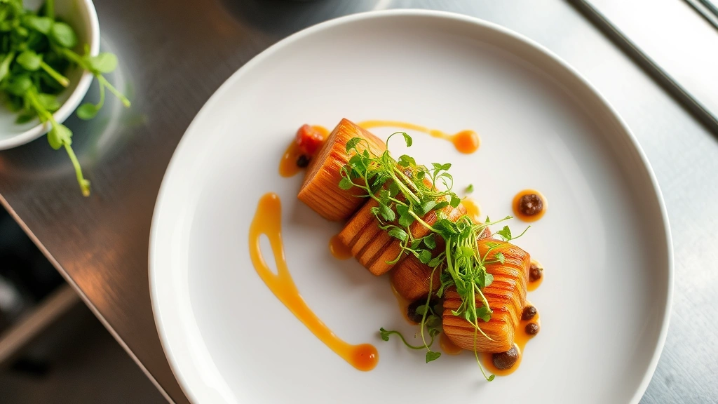 Overhead shot of artfully plated contemporary American dish with vibrant microgreens, sauce swirl, and herb garnish on white ceramic plate, soft natural light, restaurant kitchen setting