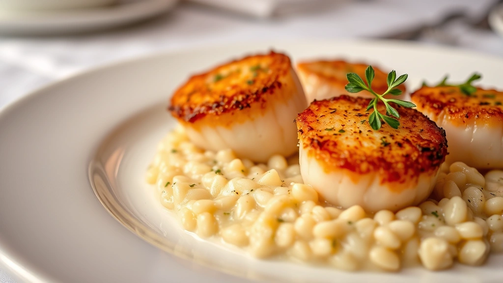 Close-up of perfectly seared scallops with golden crust, creamy risotto, and fresh herbs, steam rising, professional plating, elegant white tablecloth dining setup