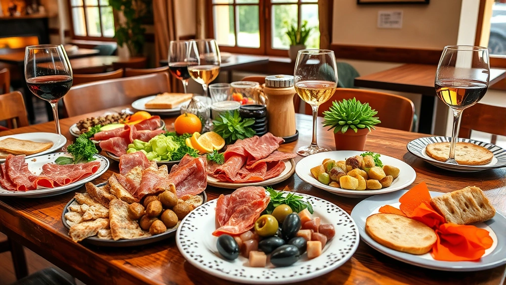 Colorful tapas spread featuring cured meats, fresh vegetables, olives, crusty bread, wine glasses, and small plates arranged on rustic wooden table, Mediterranean ambiance, natural window light