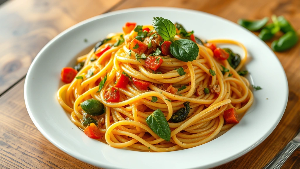 Artfully plated pasta dish with handmade noodles, vibrant seasonal vegetables, silky sauce, fresh herbs, warm lighting, close-up food photography, wooden table surface