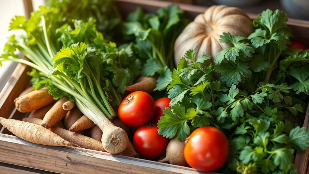 Farm-fresh vegetables arrangement including root vegetables, leafy greens, herbs, morning dew, rustic wooden crate, natural sunlight, culinary ingredients photography