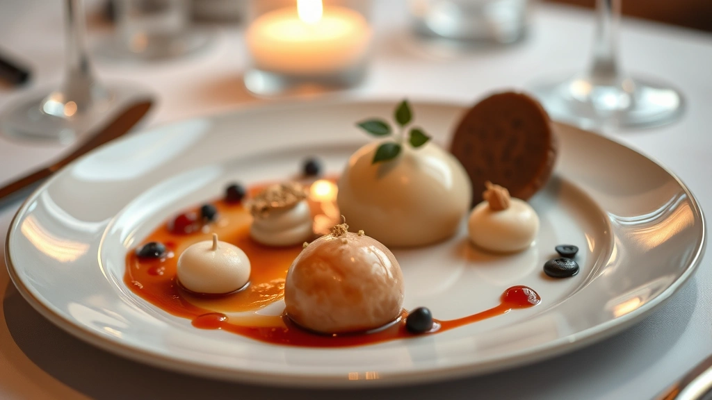 Fine dining dessert plate with elegant plating, delicate components, garnishes, sophisticated presentation, soft candlelight, shallow depth of field, premium plating style