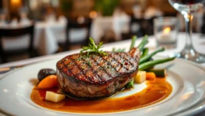 Elegant plated steak with seared crust, herb garnish, and seasonal vegetables on fine china, restaurant lighting, professional food photography