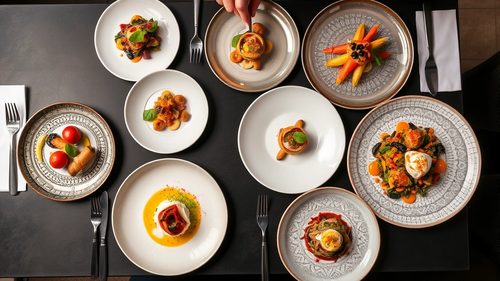 Overhead view of multi-course tasting menu progression, various small plates with colorful ingredients, modern restaurant table setting, artistic plating