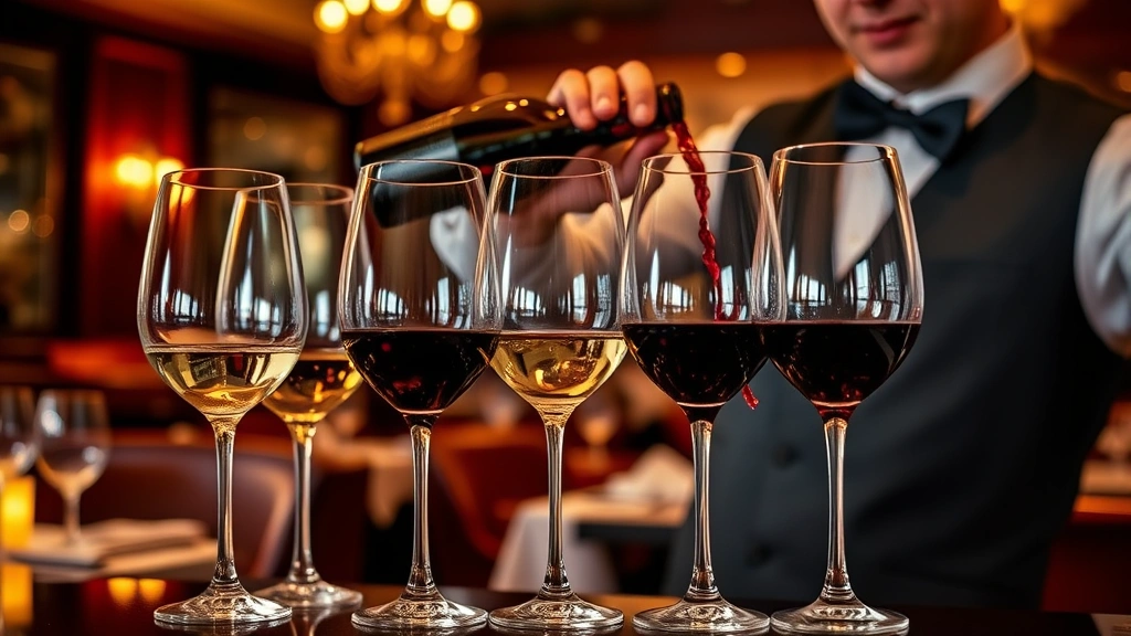 Wine glass collection with different varietals, sommelier pouring wine, warm restaurant ambiance, burgundy and golden lighting, culinary setting