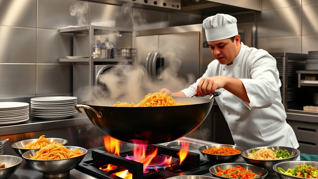 Professional chef in white coat and hat actively cooking noodles and vegetables in large wok over high flames, steam rising visibly, colorful stir-fry ingredients visible in mise en place bowls, restaurant kitchen environment with stainless steel equipment