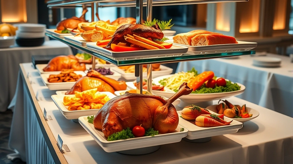 Elegant buffet serving station with tiered display of premium foods: golden-brown roasted meats, fresh colorful vegetables, seafood preparations, and garnishes, warm lighting, white linens, fine dining presentation style, no text or labels visible