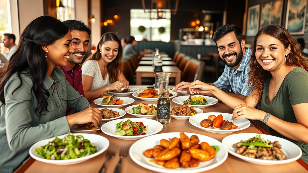 Diverse family group of four people at restaurant table selecting from multiple small plates and dishes, genuine smiles, casual upscale dining environment, fresh salads and prepared proteins visible on white plates, natural warm lighting