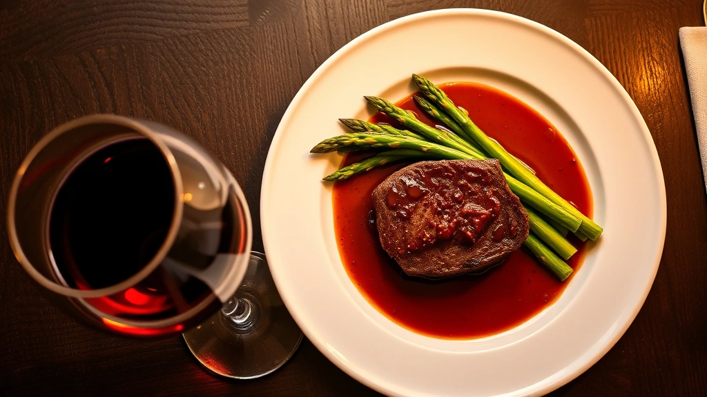 Overhead shot of a wine glass filled with deep ruby red wine next to a perfectly plated dish with seared beef, asparagus spears, and rich sauce on white ceramic plate, warm restaurant lighting, dark wooden table surface