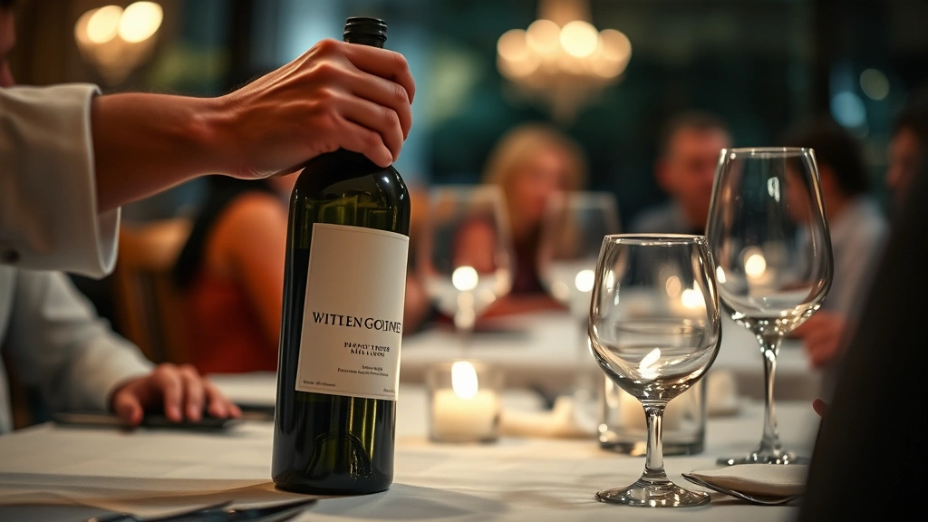 Close-up of hands opening a wine bottle at a restaurant table, bottle label visible but not readable, white tablecloth, candlelight reflection on glass, soft focus background with blurred diners
