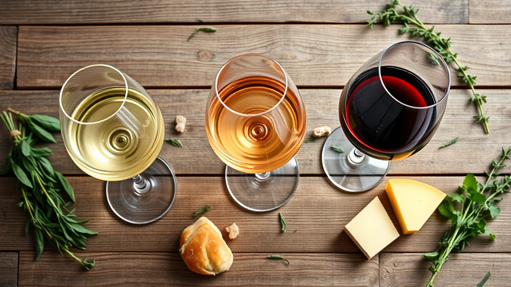 Flat lay composition of three wine glasses at different fill levels containing white wine, rosé, and red wine, arranged on rustic wooden table with fresh herbs, bread, and cheese scattered artfully, natural light