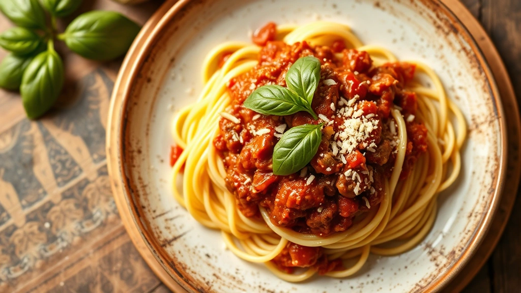 Overhead shot of fresh tagliatelle al ragù Bolognese with glossy meat sauce, grated Parmigiano-Reggiano, and basil leaf on rustic ceramic plate, warm golden lighting