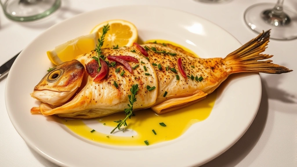 Plated branzino al forno with crispy skin, lemon wedges, fresh herbs, and olive oil drizzle on white plate with subtle garnish, restaurant lighting