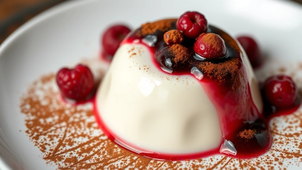Close-up of creamy panna cotta with berry compote and cocoa powder dusting, elegant presentation on white ceramic dish, soft diffused lighting