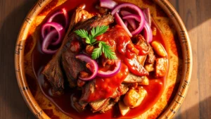 Vibrant overhead shot of fresh Yucatán cochinita pibil with slow-roasted pork, pickled red onions, and achiote-infused sauce on rustic ceramic plate, warm natural lighting highlighting the reddish hue and tender meat texture