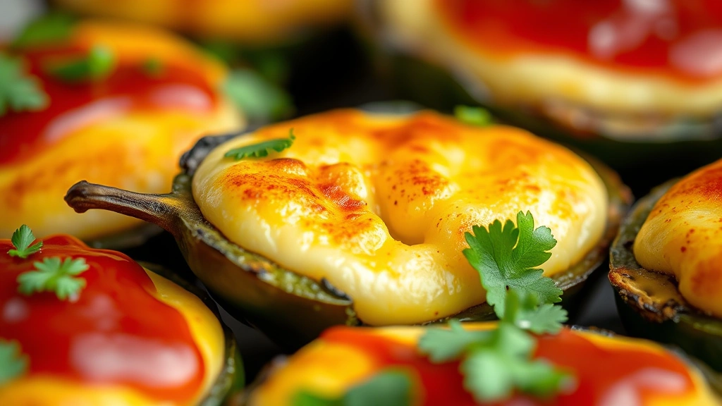Close-up detail of perfectly prepared chiles rellenos featuring golden-brown egg coating, melting cheese visible inside roasted poblano pepper, garnished with fresh cilantro and topped with rich red sauce, shallow depth of field emphasizing the custard-like exterior
