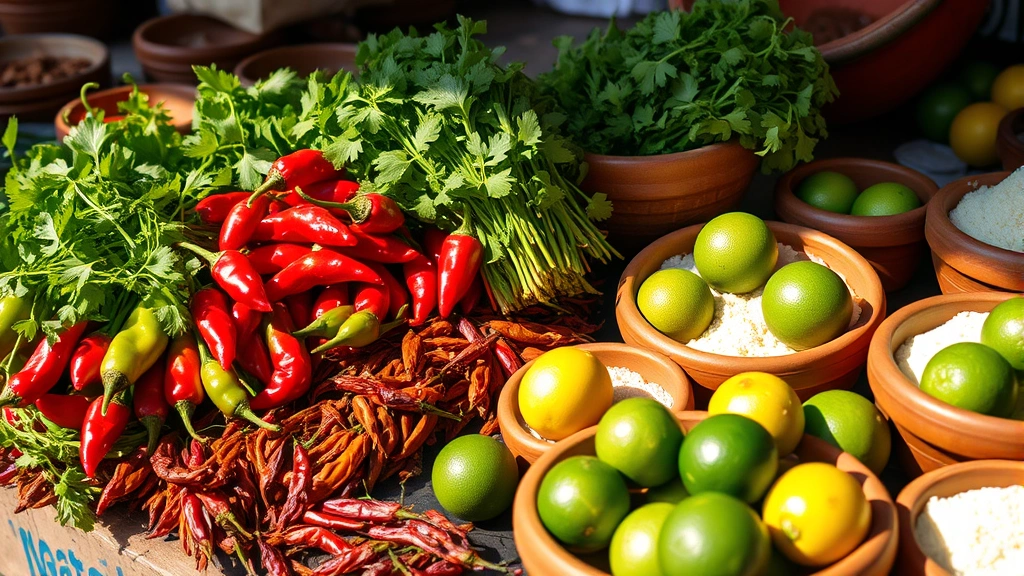 Authentic Mexican market scene with fresh habanero peppers, vibrant cilantro bundles, dried chilies, fresh limes, and masa in traditional clay bowls, natural daylight streaming across colorful ingredients, showcasing authentic Mexican cooking foundation elements