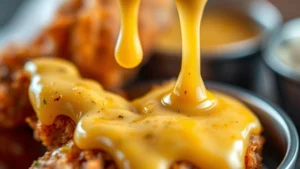 Close-up of creamy golden Cane's-style sauce with visible pepper specks and garlic particles, drizzled over crispy fried chicken tenders, shallow depth of field, professional food photography lighting, appetizing texture detail