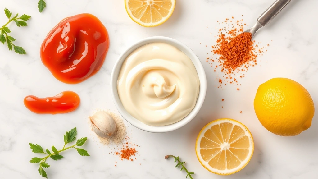 Overhead flat lay of sauce ingredients arranged artfully: mayonnaise dollop, ketchup, garlic powder, paprika, cayenne pepper, black pepper, lemon, all on white marble surface with soft natural lighting